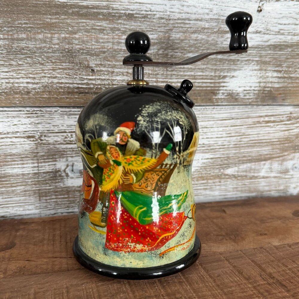 Vintage Russian Hand-Painted Lacquer Coffee Spice Grinder The "Troika" Motif